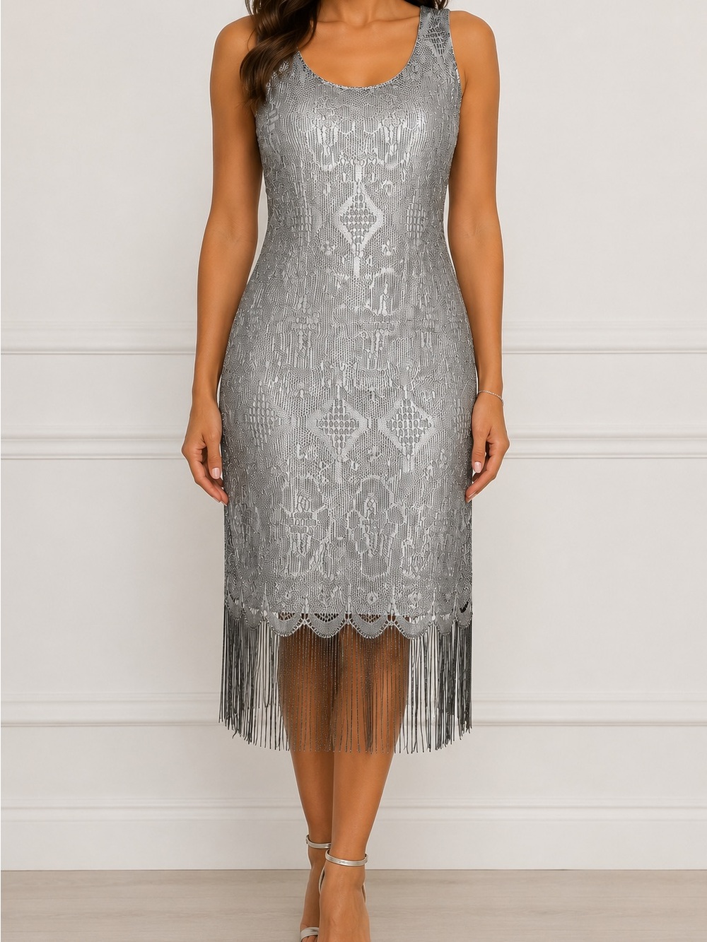 VENUS Silver‎ Fringe Knit Dress Art Deco Sleeveless Sheath Midi Size M